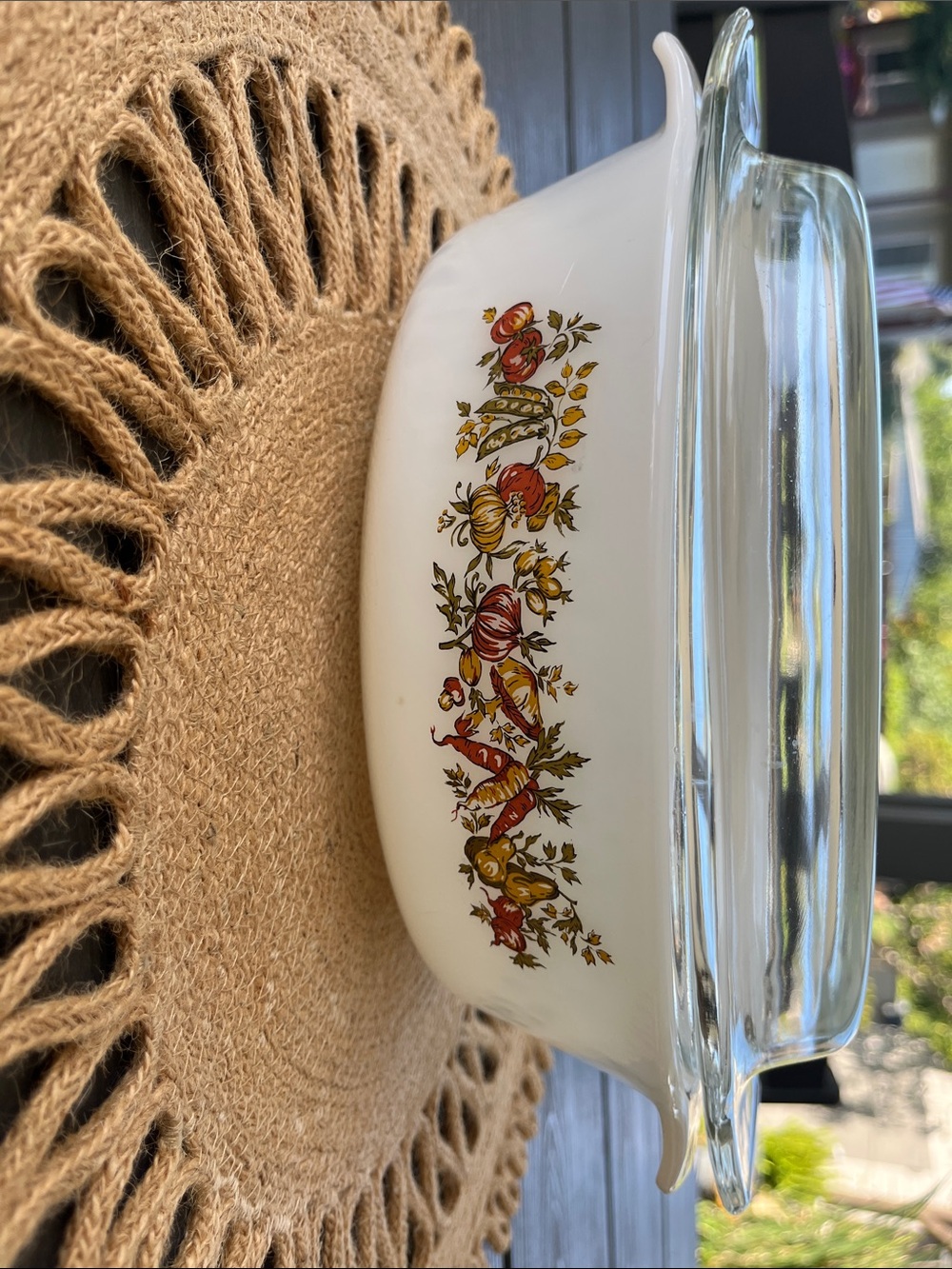Fire King White Milk Glass Casserole Dish with Autumn Fruit Border 1 1/2 qt
